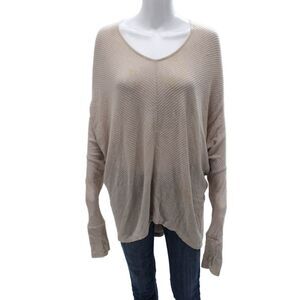 Sen Womens V-Neck Striped Pullover Sweater Beige Polyester Long Sleeve Size M